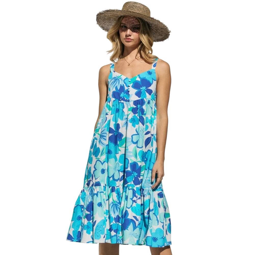 NWT Oddy 3XL Colorful Cotton Resort Floral Tiered Midi Dress Tropical Retro